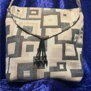 Suruchi Geometric Shoulder Bag in Beige and Brown Canvas with Beaded Tassel